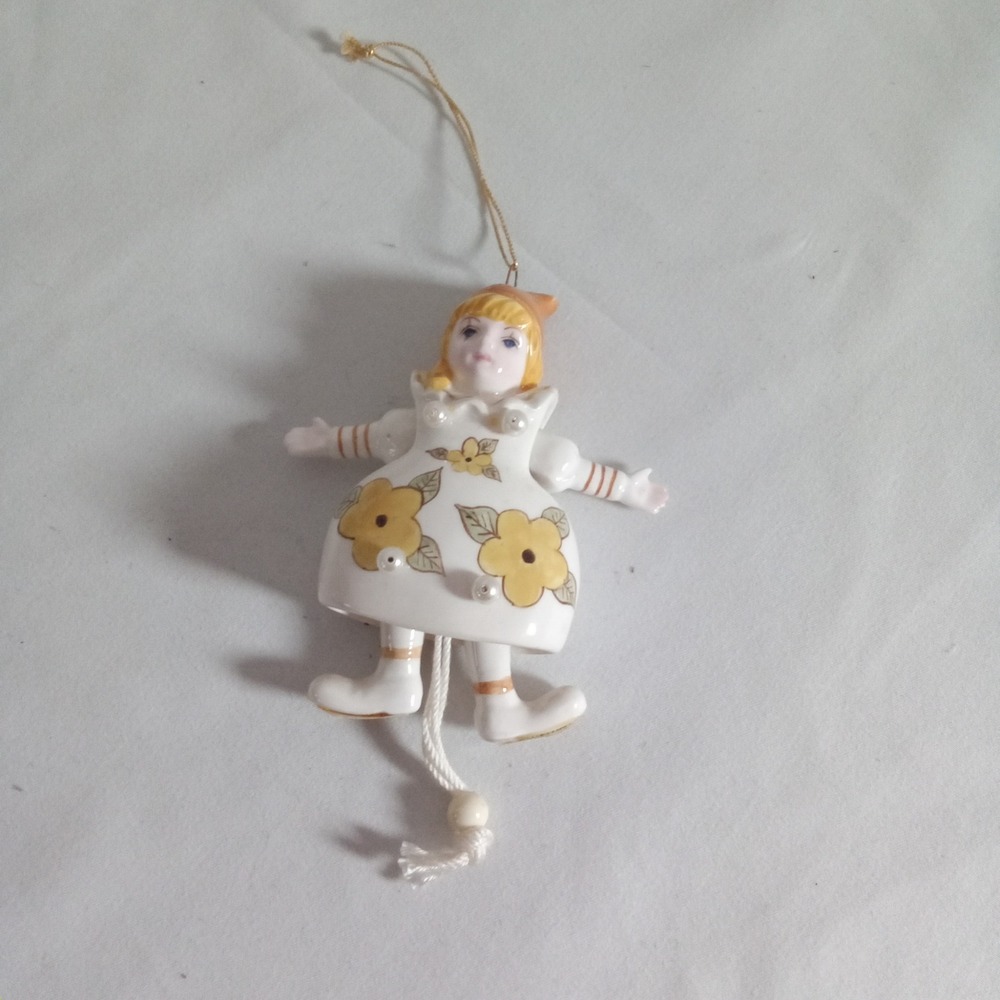Schmid 1991 Vintage Porcelain Girl Bell Ornament Floral Signed K Young 3.5in